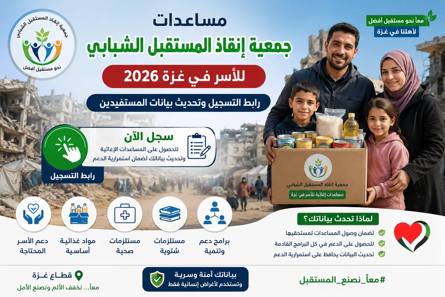 مساعدات جمعية إنقاذ المستقبل الشبابي للأسر في غزة .. رابط التسجيل وتحديث بيانات المستفيدين